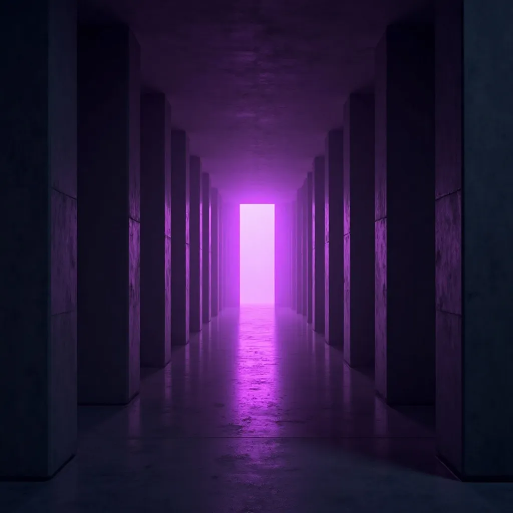 Corredor de concreto simétrico com um feixe de luz violeta ao fundo