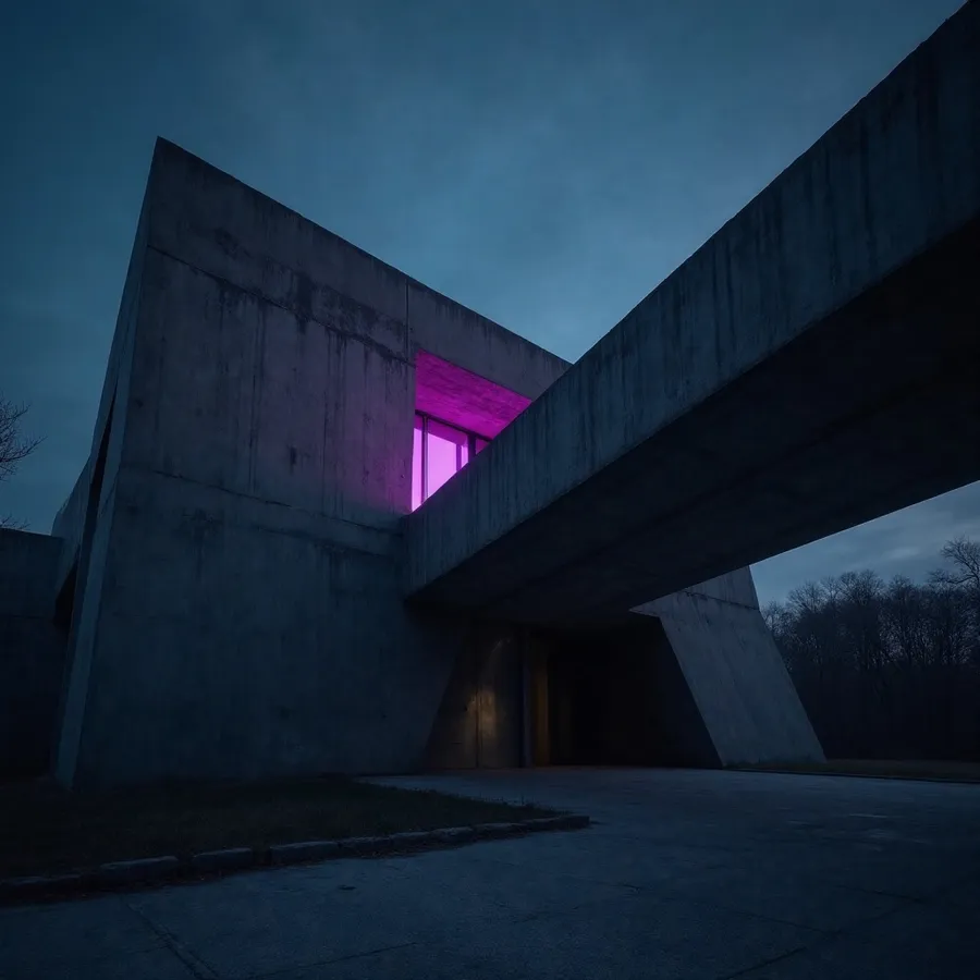 Estrutura de concreto em balanço, fotografia arquitetônica com luz violeta