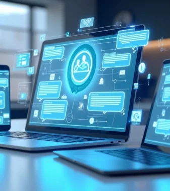 Modelo 3D de um chatbot interagindo com clientes em múltiplos dispositivos digitais