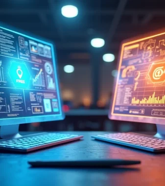 Modelo 3D mostrando comparação entre ferramentas de SEO gratuitas e pagas em telas flutuantes com gráficos e ícones