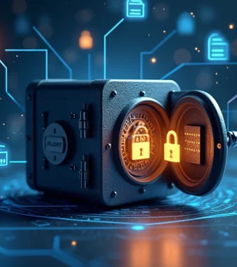 Modelagem 3D de um cofre digital protegido por cadeados virtuais com ícones de arquivos e dados ao redor