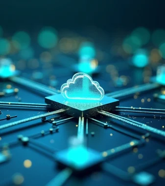 Modelagem 3D detalhada mostrando sistemas digitais interligados por conexões brilhantes em fundo escuro