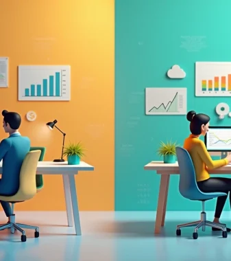 Representação 3D de transição de processos tradicionais para digitais em uma pequena empresa, com gráfico de crescimento e ícones de tecnologia