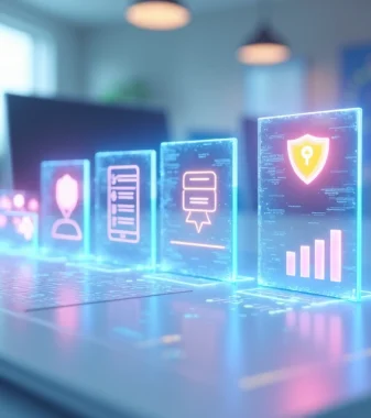 Ilustração 3D de um processo digital de onboarding com etapas conectadas por ícones digitais em um ambiente corporativo colorido